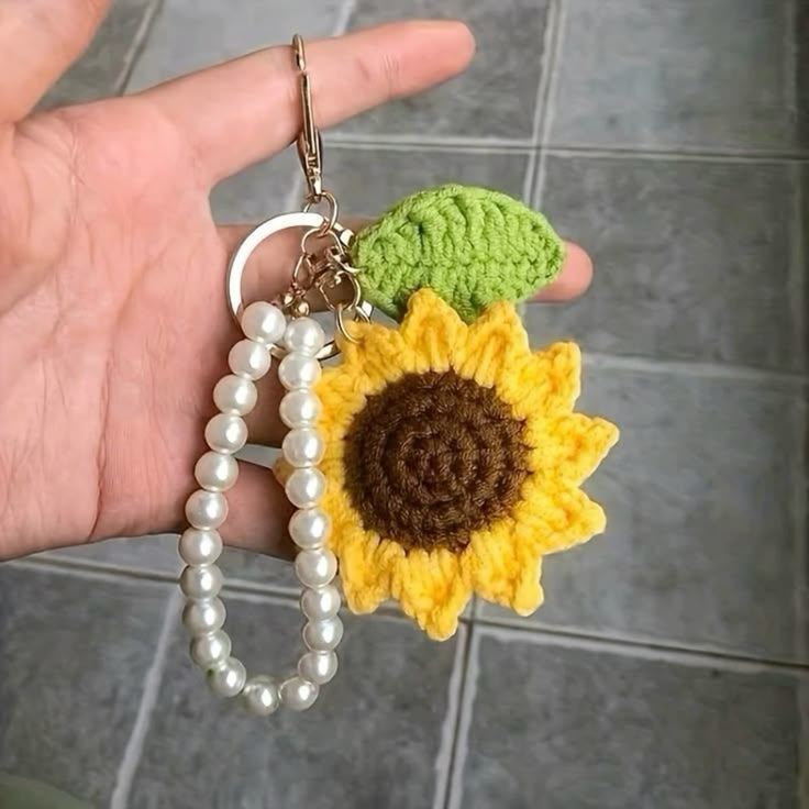 Crochet Sunflower Pearl Keychain